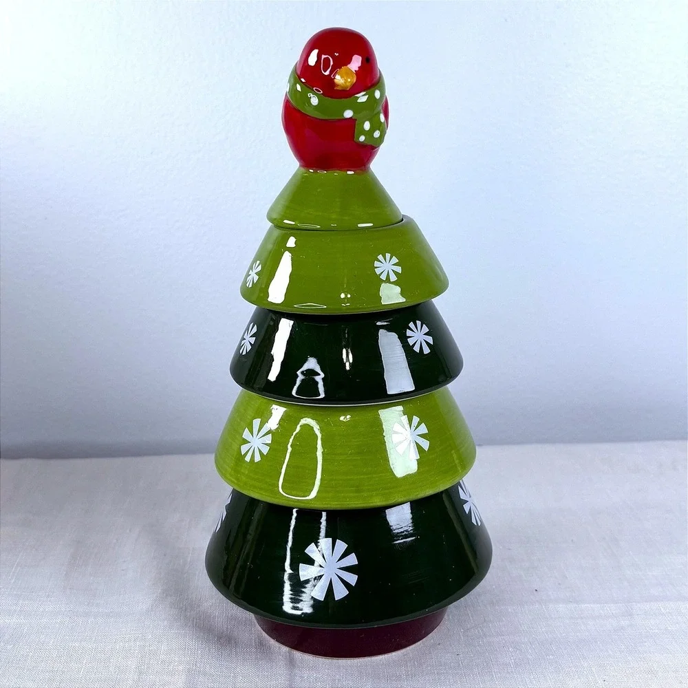 Pier 1 Christmas Tree‎ Stacking Measuring Cups Set Red Cardinal Bird Green
